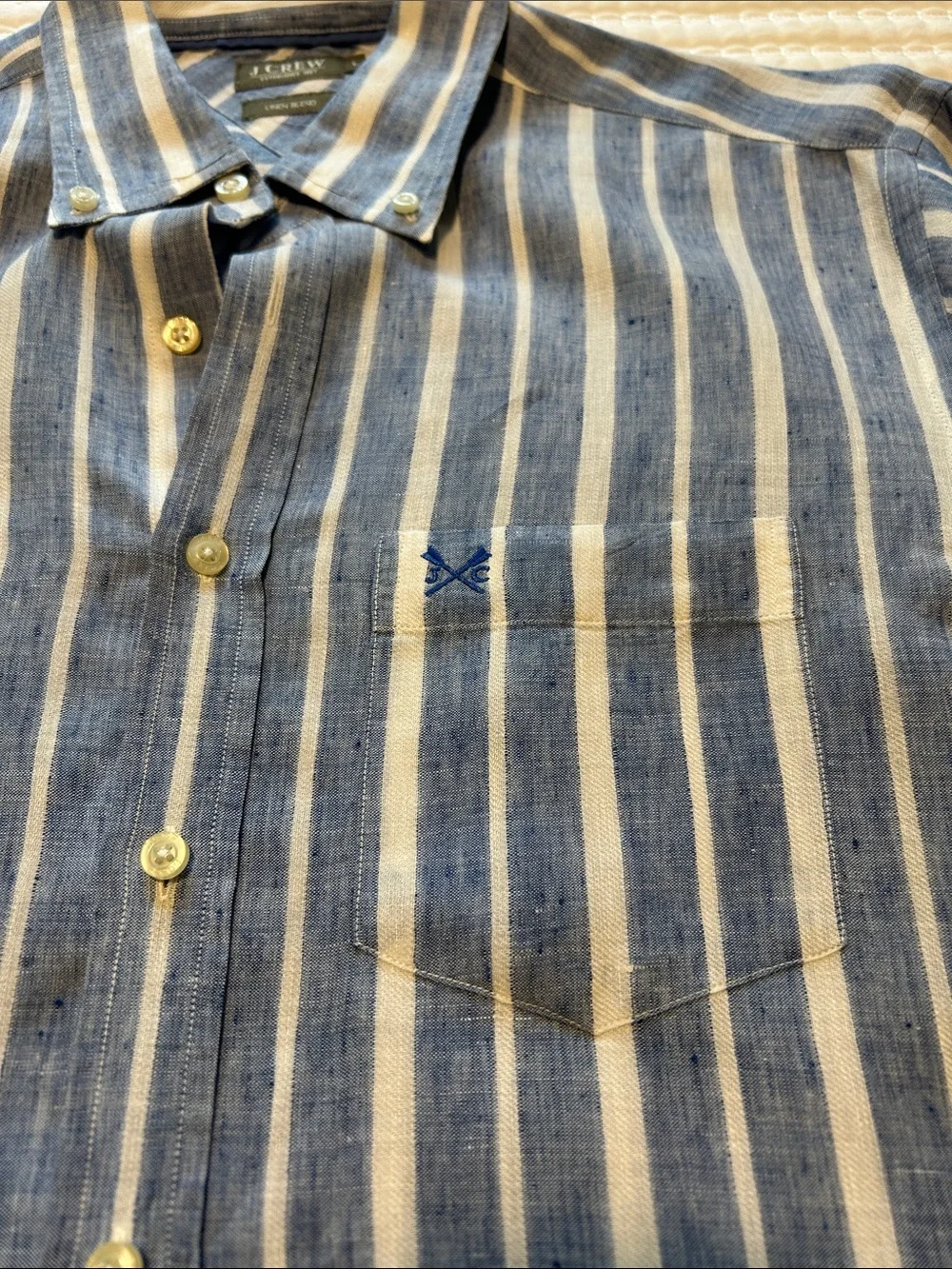 Men’s J. Crew Navy and White Vertical Stripe Button-Down Shirt Linen Blend L